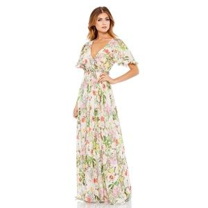 NWT MAC DUGGAL Floral Print Faux Wrap Flutter Sleeve A Line Gown